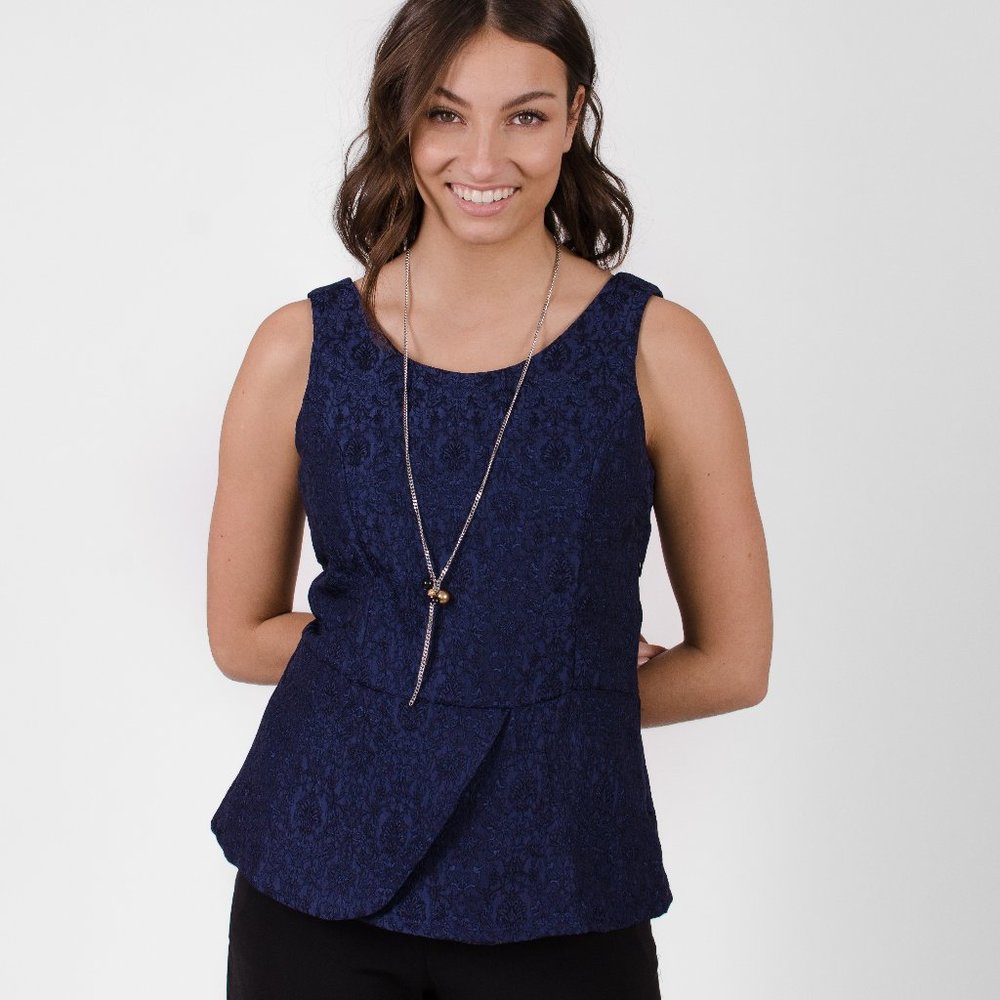 Blue sleeveless top jacquard fabric asymmetric cut